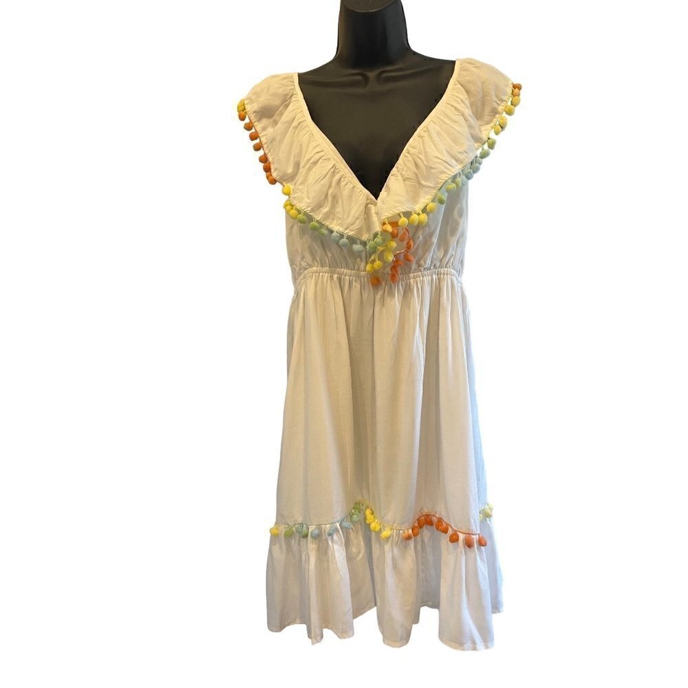 America & Beyond  womens dress NWT  white/ multi pom poms